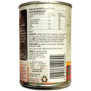 Back of a can of tomato and vegetable soup with pasta, showing nutritional information and ingredients.