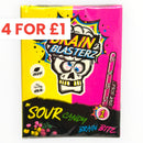 Packaging of Brain Blasterz Sour Candy with colorful design and text.