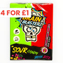 Colorful packaging of Brain Blasterz Sour Candy Brain Bitz with a skull design on a white background.