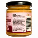 Jar of seafood sauce with a pink label on a white background