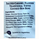 Ingredients label for salted caramel flavour traditional toffee centred bon bons on a blue background.
