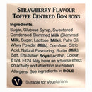 Ingredients label for strawberry flavour toffee centred bonbons on a beige background