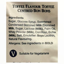 Ingredients label for toffee-flavored bonbons on a beige background