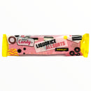 Packaged candy bar with pink and yellow design on a white background