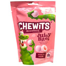 Pink packaging of Chewits Strawberry Flavour Juicy Bites with green characters on a white background