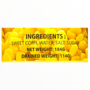 Label with ingredients and weights of sweet corn on a yellow background