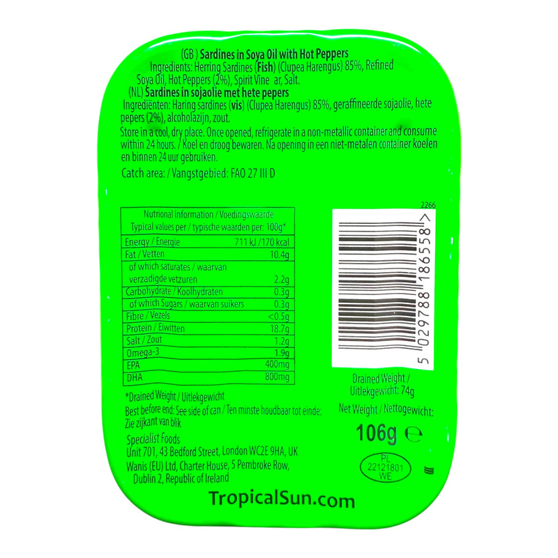 Tropical Sun Canadian Style Sardines In Soya Oil With Hot Peppers 106g