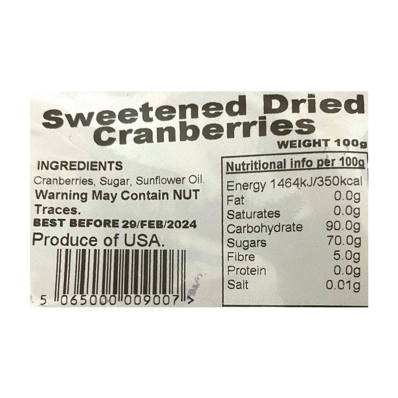 Golden Sunrise Foods Sweetened Dried Cranberries 100g