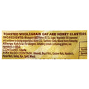 Label of toasted wholegrain oat and honey clusters with ingredients and allergen information.