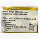 Allergy advice label on a product packaging with bolded ingredients and allergen information.