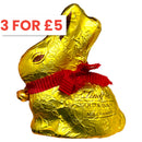 Gold chocolate bunny with red ribbon on a white background, featuring a promotional text '3 FOR £5'.