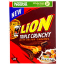 Box of Lion Triple Crunchy with Salted Caramel cereal, featuring Nestle branding.