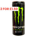 Monster Energy drink can with promotional text on a white background