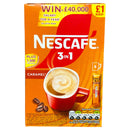 Nescafe 3in1 Caramel coffee packaging with promotional text on an orange background