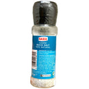 Bottle of SAXA coarse rock salt on a white background