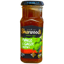 Jar of Sharwood's Mango & Ginger Chutney on a white background