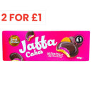Pack of Jaffa Cakes with pink packaging and promotional text on a white background