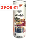 Celsius Sunset Vibe energy drink can with promotional text on a white background